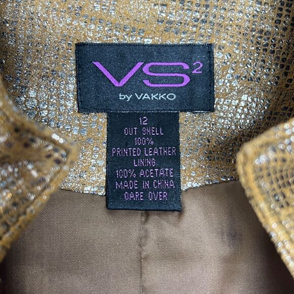 VS Vakko Gold Metallic Leather Jacket Women's Size 12 Shimmer Moto Style Snake - Picture 4 of 8